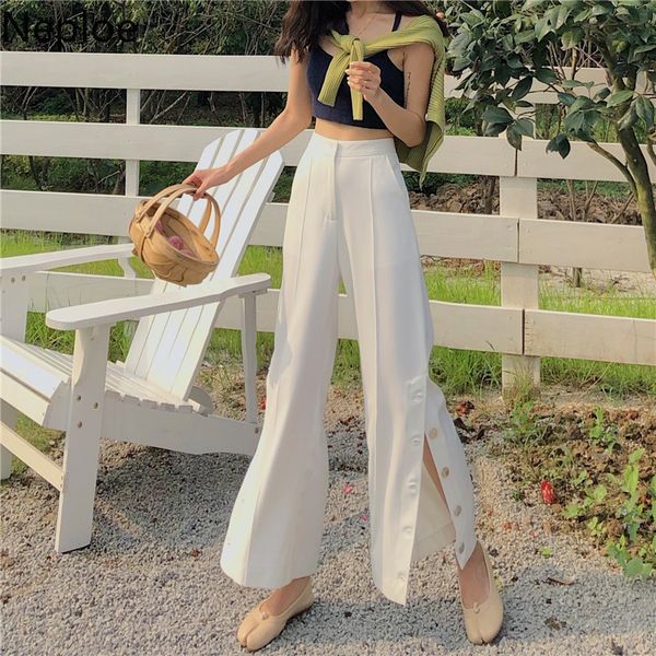 

neploe spring summer 2020 new solid wild trouser high waist hip side cross design pantalones korean chic flare pants 49600, Black;white
