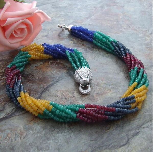 

beautiful 4mm 8row multi color bead necklace 18" cz clasp, Silver