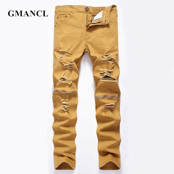 

gmancl fashion mens knee zipper ripped designer jeans trousers holes cotton slim hip hop motorcycle men distressed denim pants, Blue