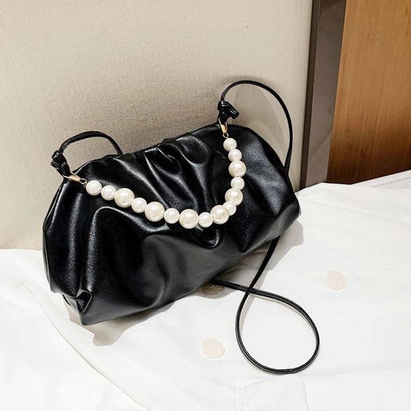 

fashion pearl handle handbag women's small shoulder bag pleated pu leather sling crossbody bag clutch lady hobo