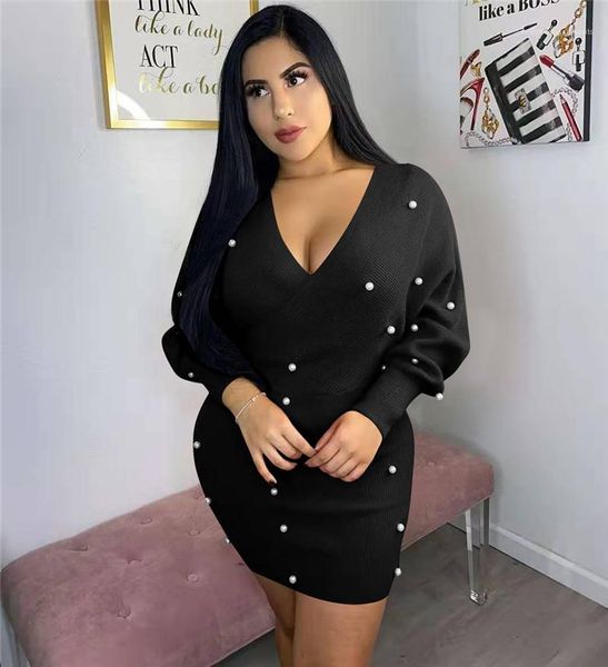 

fashion solid color beading panelled bell sleeve womens designer dresses casual females clothing v neck womens casual dresses, Black;gray