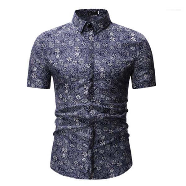 

mens designer floral print shirts turn down collar casual tees short sleeve slim mens single breasted, White;black