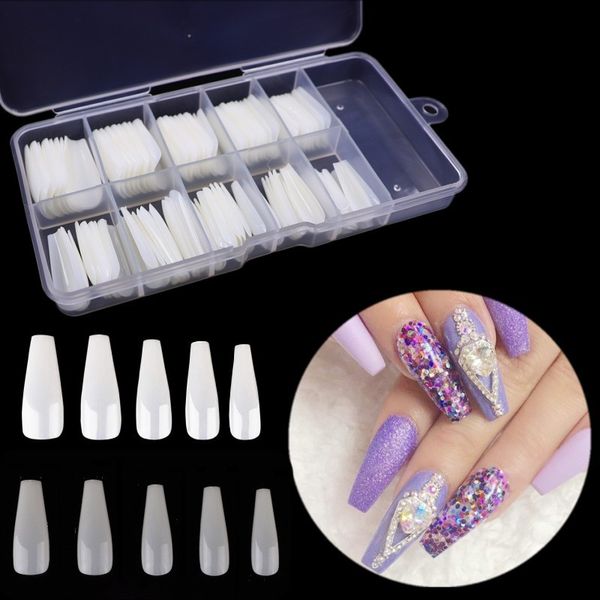 

100pcs/box coffin ballerina nail tips long stiletto clear white false nails tips professional full cover diy acrylic fake nails b, Red;gold