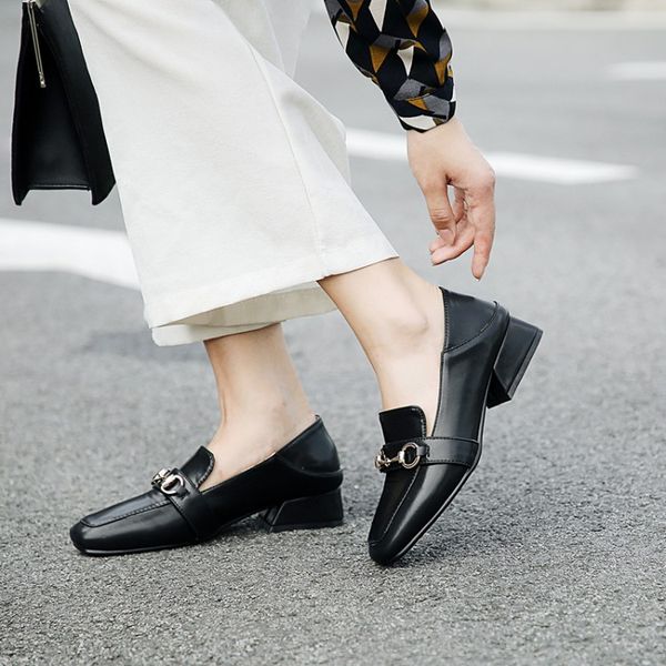 

oversized  11 12 13 ladies high heels women shoes woman pumps square-headed metal square-buckled heavy-heeled single shoes, Black