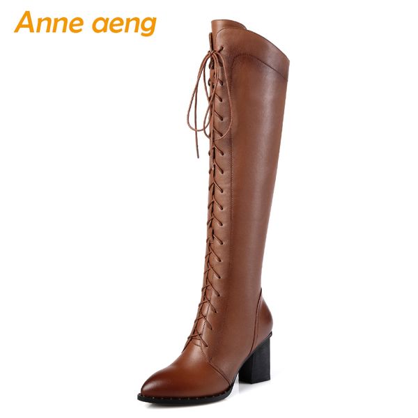 

2020 new winter genuine leather women knee-high boots high heel pointed toe lace-up zip ladies women shoes motorcycle boots, Black