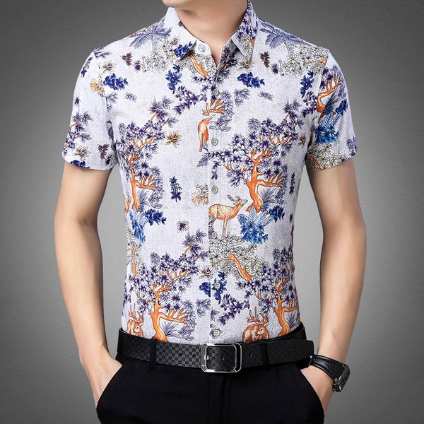 

men's casual shirts 2021 floral men man dress shirt short sleeve fashion 100% mercerized cotton summer flowers, White;black
