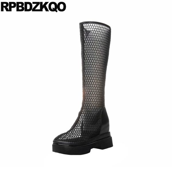 

cut out knee high rivet slim sandals embellished heel stud metal long shoes white platform boots mesh ladies women wedge, Black