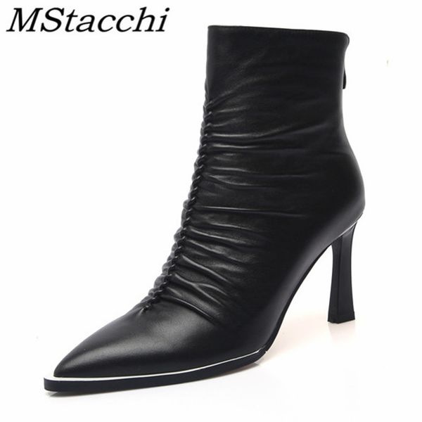 

mstacchi platform pleated back zipper pointed women ankle boots for woman new designer mature madam shoes zapatillas hombre, Black