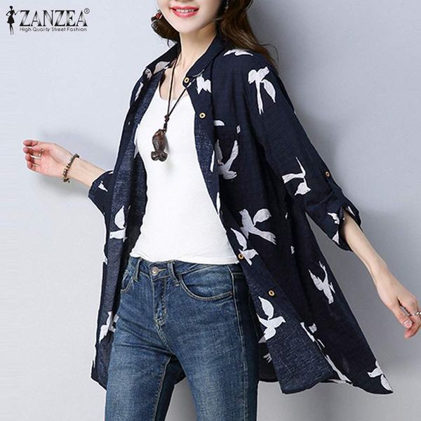 

zanzea women summer lapel neck printed shirt bohemian long sleeve buttons down blouse vintage tunic casual blusas chemise, White