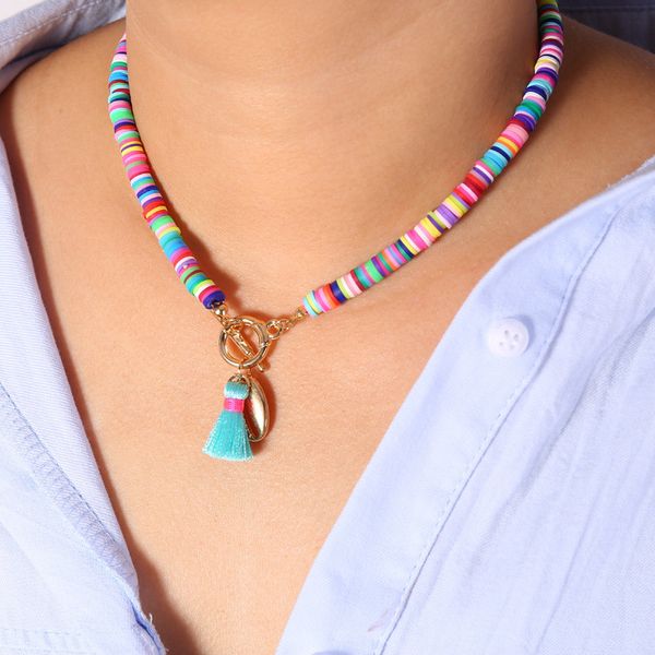 

boho shell necklace bohemian colorful polymer clay seashell pendant necklace for women holiday jewelry beach accessories, Silver
