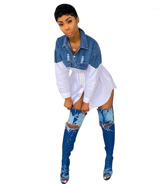 

fashion denim panelled drawstring shirt dresses casual lapel neck natural color dress womens designers clothes women shirt dresses, Black;gray