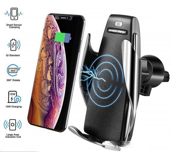 

s5 wireless charger automatic clamping car charger holder mount smart sensor 10w fast charging charger for iphone samsung universal phones-3