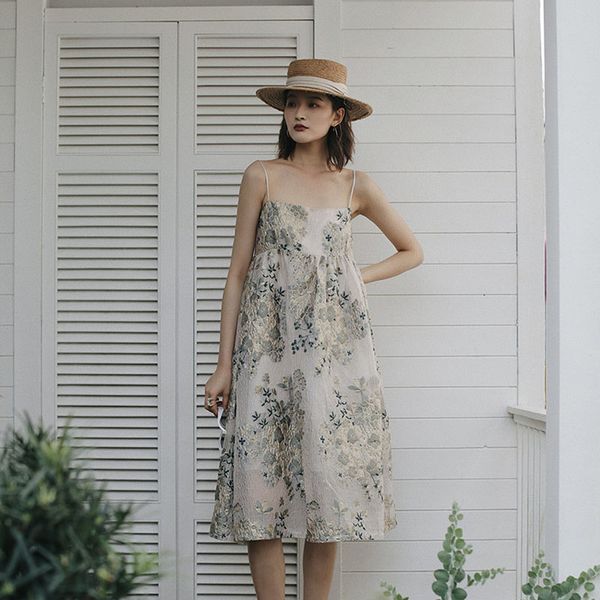 

casual dresses vintage flower embroidery backless dress women 2021 summer sundresses elegant waist midi vestidos, Black;gray