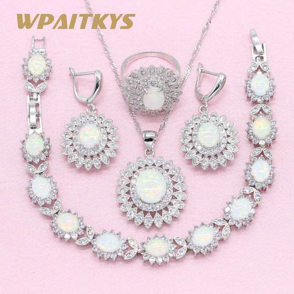 

earrings & necklace flower exquisite white opal silver color jewelry sets for women's party ring bracelet box wpaitkys