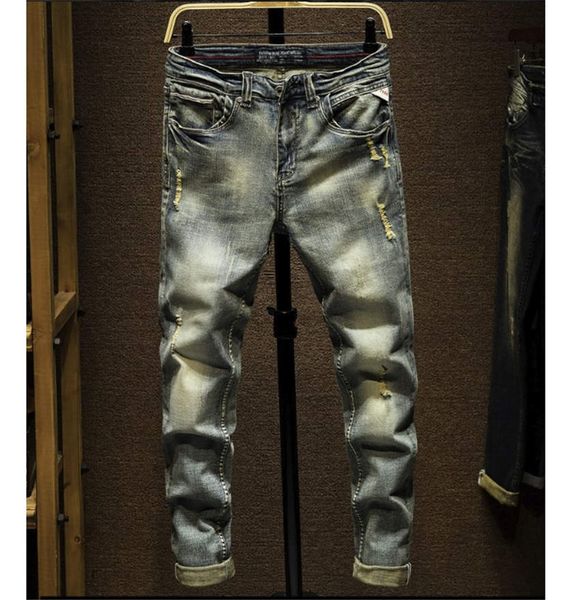 

ретро мужские джинсы с дырками, пригонки небольшие прямые брюки, модные мужские эластичные джинсы тяжелое моечных 01, Blue