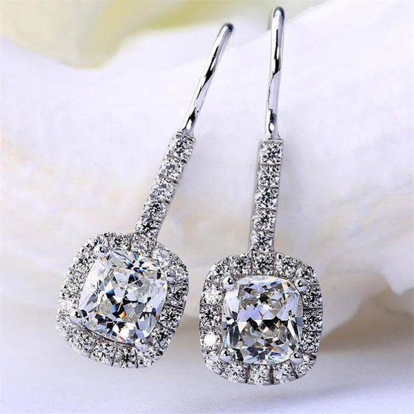 Jóias de luxo impressionante prata esterlina 925 Almofada Forma Branco Topaz CZ pedras preciosas Partido Diamante Mulheres casamento Gancho Dangle Earring presente