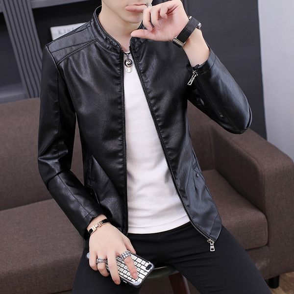 

autumn and winter men's pu coat youth jacket locomotive stand jacket walletleather walletcollar casual imitation leather thin men, Blue