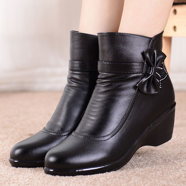 

ladies boots leather bow-knot comfortable winter boots for women soft plush ankle boots women with heels wedge 200916, Black