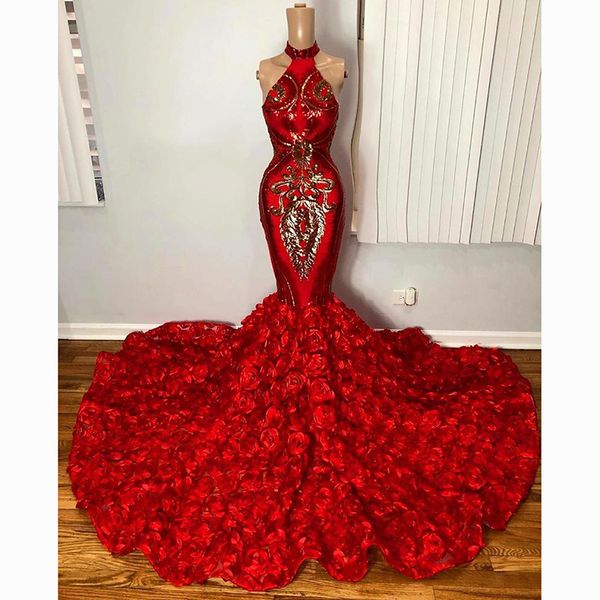 Eleganti abiti da ballo a sirena rossa per la ragazza nera Africa Abiti da sera con paillettes oro scintillante con applicazioni floreali 3D