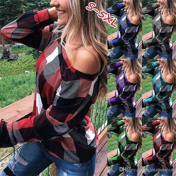 

dew shoulder spring autumn clothing plus size long sleeve tshirts fashion plaid pattern womens tshirts designer, White