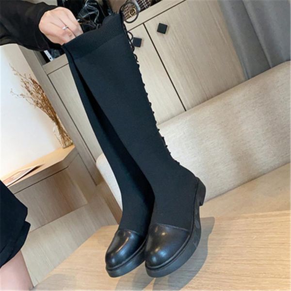 

thigh high boots for women's autumn knee-high boots women fashion back lacing black slim shoes woman elastic botas altas mujer