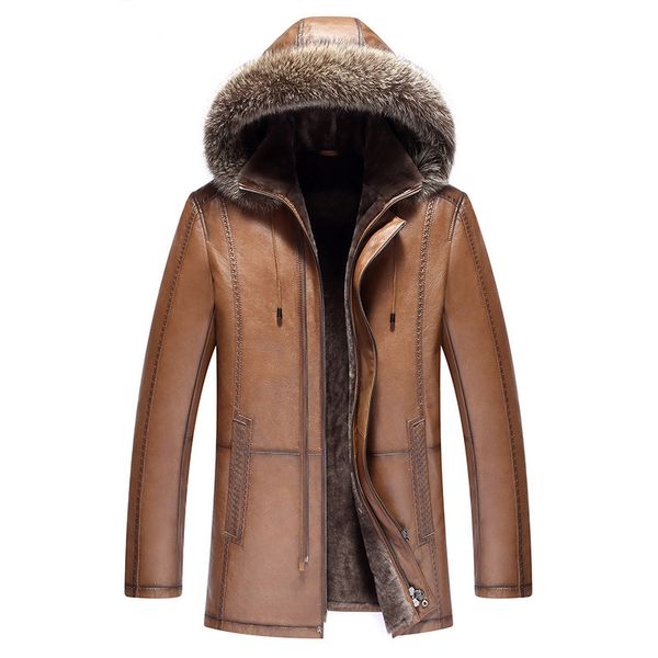 

genuine leather jacket men cowhide real wool fur coat men shearling cow leather jacket man racoon fur collar 1971 kj1166, Black