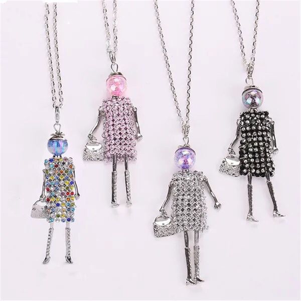 

full rhinestone dress doll pendant necklace long link chain necklaces women autumn winter sweater necklace fashion jewelry, Silver