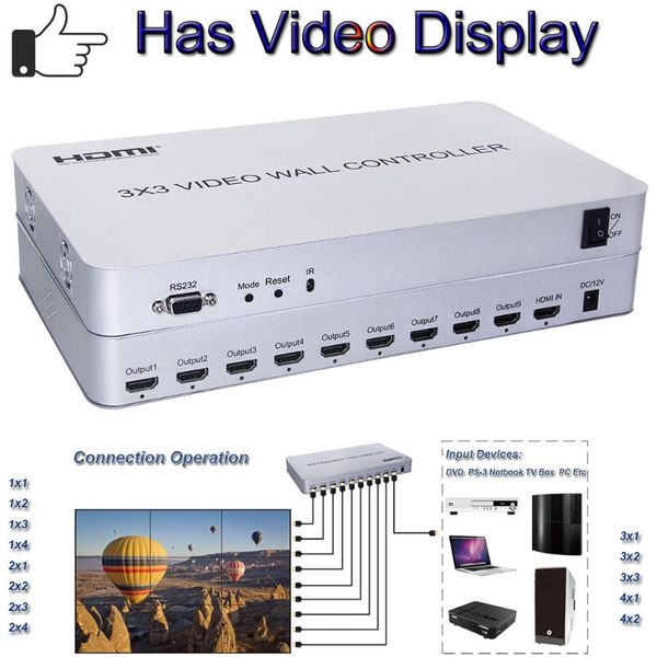 

3x3 hdmi video wall processor matrix converter splicer splitter 1 in 9 display 3x2 2x2 3x1 1x3 2x3 4x2 2x4 hdmi video controller