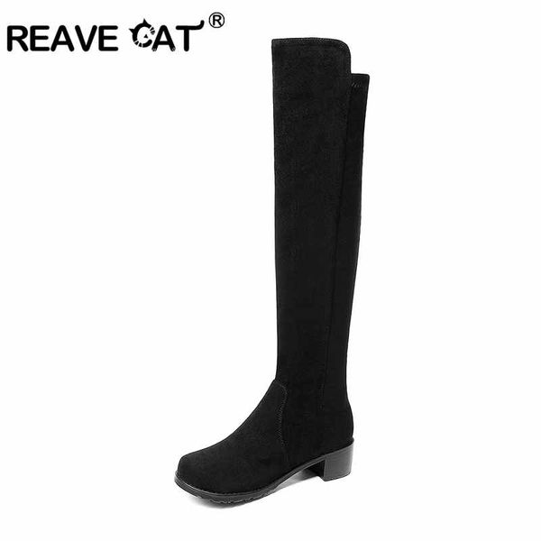 

reave cat plus size 34-43 women boots over the knee flats boots sapatos femininos flock black casual round toe pu/flock a878