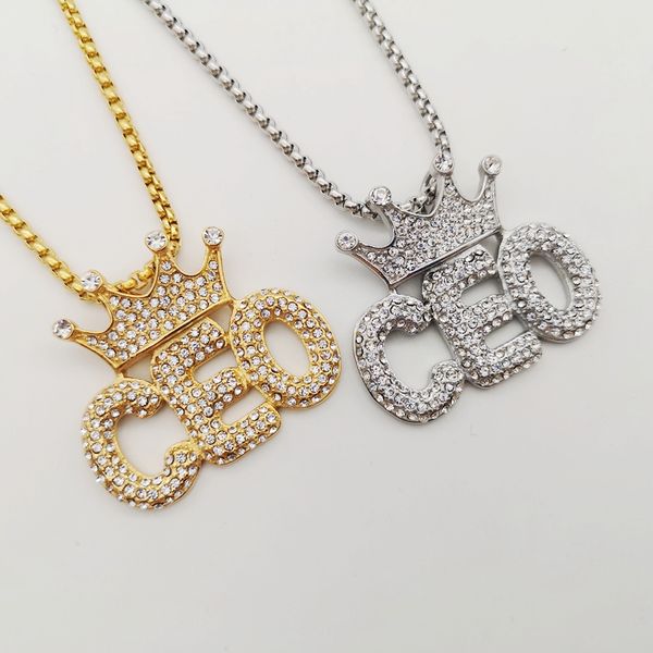

bling bling full rhinestones stainless steel ceo crown pendant necklace hip hop rock dancer crown ceo jewelry for performance, Silver