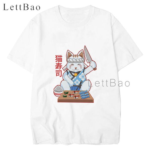 

neko sushi bar kawaii raw cat food japanese chef white t-shirt sushi series men tshirt graphic vintage funny t shirts cotton