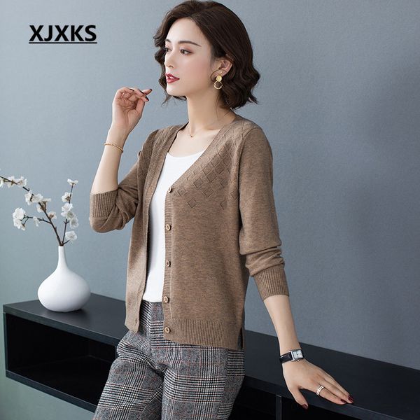 

women's knits & tees xjxks fashion v-neck single-breasted cardigan women sweater 2021 autumn winter high-end cashmere knit, White