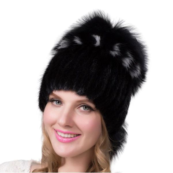 

real hat custom knit toque beanie luxury warm furry mink caps hair genuine fur winter fashion womens hats, Blue;gray