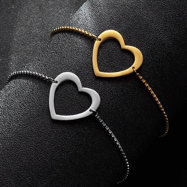 

stainless steel mirror polished hollow sweet heart charm bracelet adjustable box chain bracelets women jewelry, Golden;silver