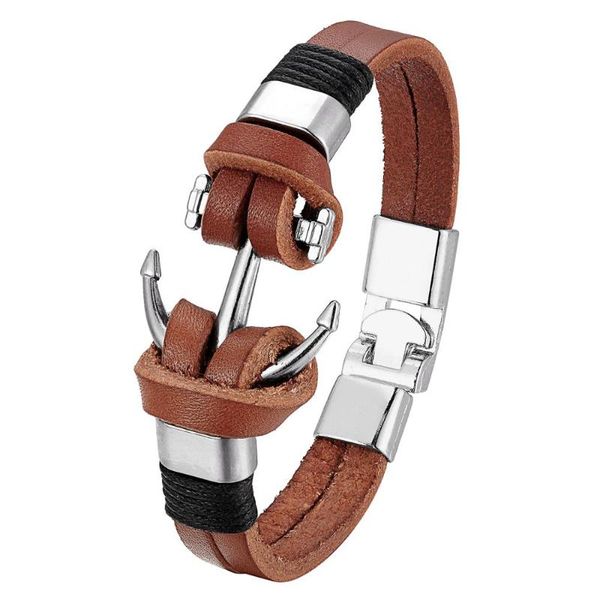 

beaded, strands alloy men's bracelet black leather woven anchor strap rope gift
