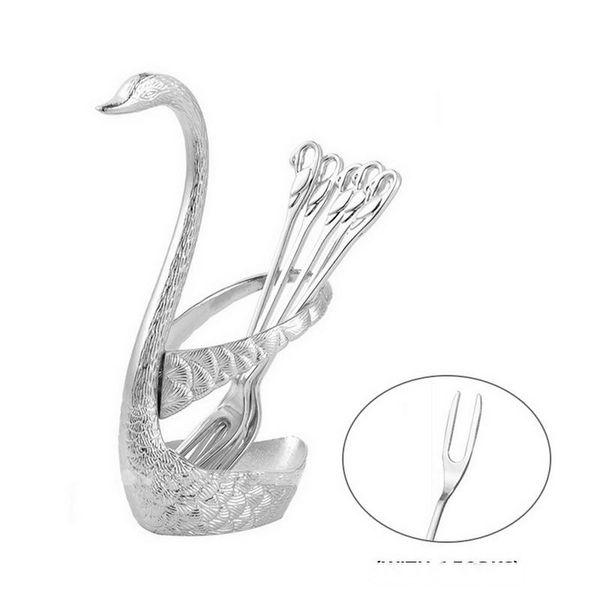 

7pcs stainless steel salad dessert forks coffee spoon cake tableware swan fruit base holder forks set kitchen decor flatware set
