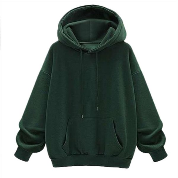 

women green hoodie autumn long sleeve sweatshirt pocket drawstring hooded solid color casual pullover solid streetwear, Black