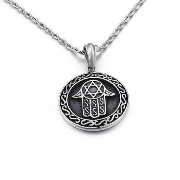 

stainless steel vintage round gothic hand of fatima pendant six-pointed star necklace men jewelry with 60cm chain, Silver