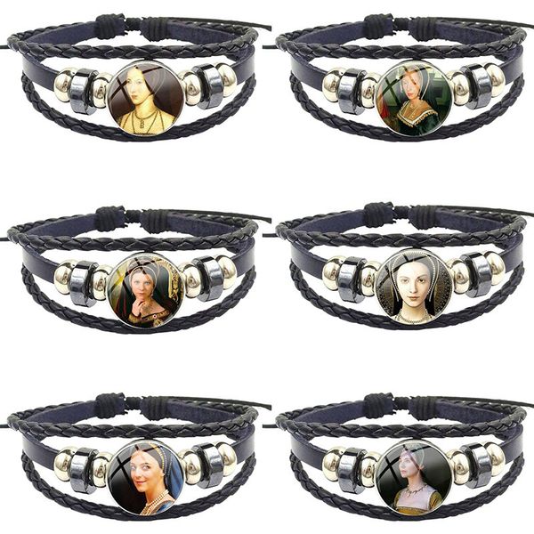 

charm bracelets glass cabochon jewelry with statement black leather bracelet bangle for women girls anne boleyn, Golden;silver
