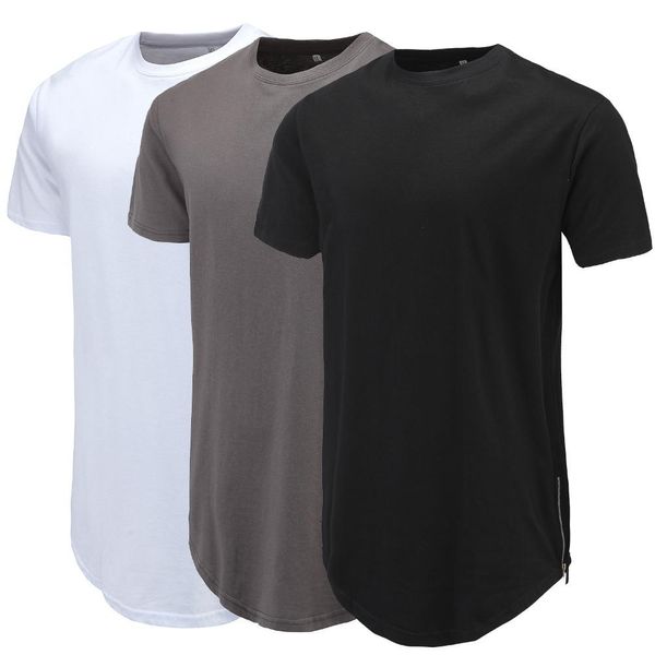 

casual t-shirt curve hem side with zipper short sleeve streetwear long line hip pop style fashion men extend swag kg-570, White;black