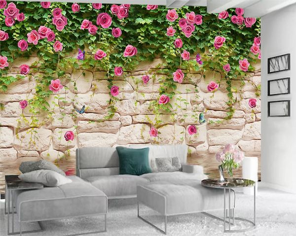 

3d wallpaper mural 3d modern wallpaper graceful flowers on stone brick wall living room bedroom wallcovering romantic floral 3d wallpaper