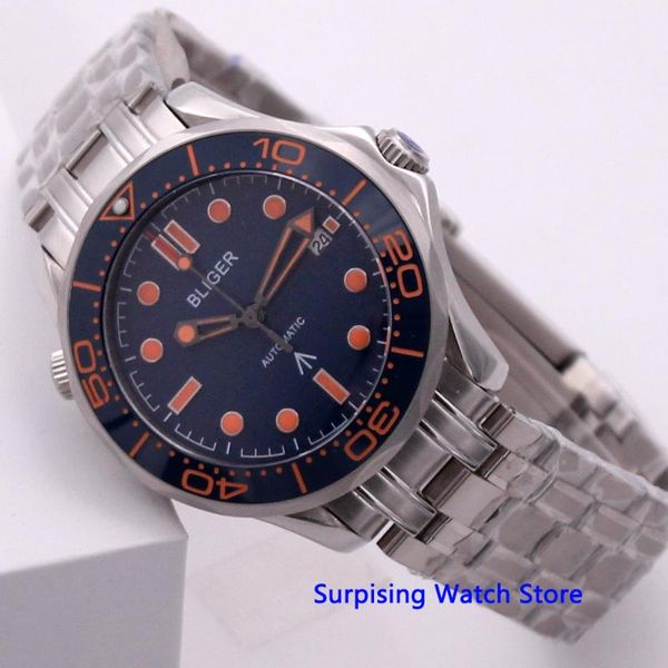 

bliger 41mm blue dial mechanical mens watch sapphire crystal luminous waterproof calendar automatic wristwatch men, Slivery;brown