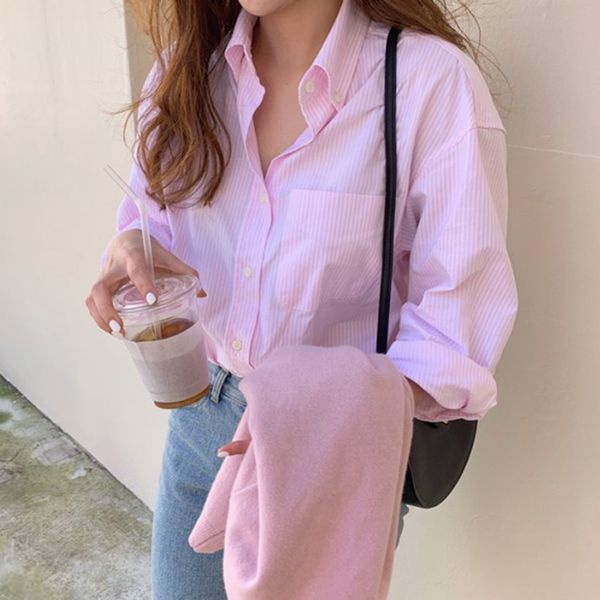 

women's blouses & shirts pink striped summer blouse women office lady korean loose single breasted vintage spring pocket harajuku 2021, White