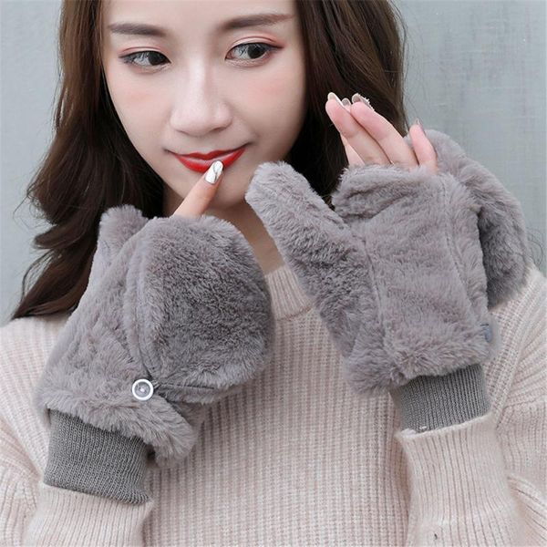

five fingers gloves fashion women winter warm mittens windproof plush faux fur velvet thicken soft stretch flip type hand warmer, Blue;gray