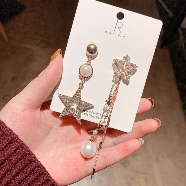 

the new asymmetrical long pentagram ladies earrings fashion female earrings imitation pearl tassel women jewelry, Golden;silver