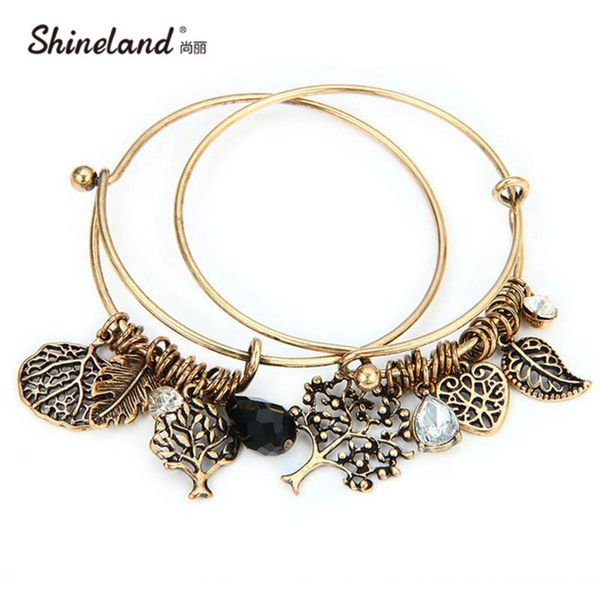 

latest 2pc/lot retro adjustable bracelet life tree leaf hollow rhinestone love cuff bangles & bracelets charms women jewelry, Black