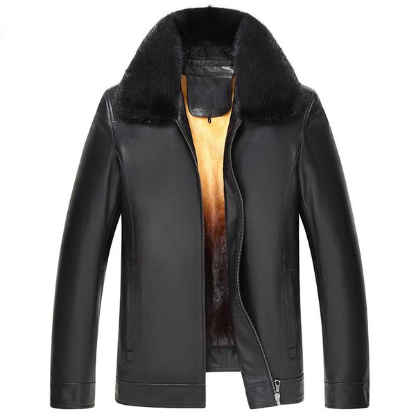 

genuine leather jacket men real liner winter sheepskin coat mens mink jackets casacas de cuero genuino 15h1532, Black