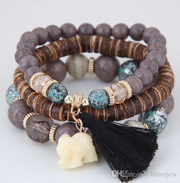 

wooden beads bracelets for women bohemia jewelry elephant tassel charm bracelets & bangles set, Golden;silver