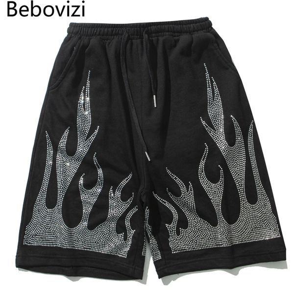 

men's shorts bebovizi hip hop flame harajuku jogger streetwear hiphop costume men harem short sweatpant black beach, White;black