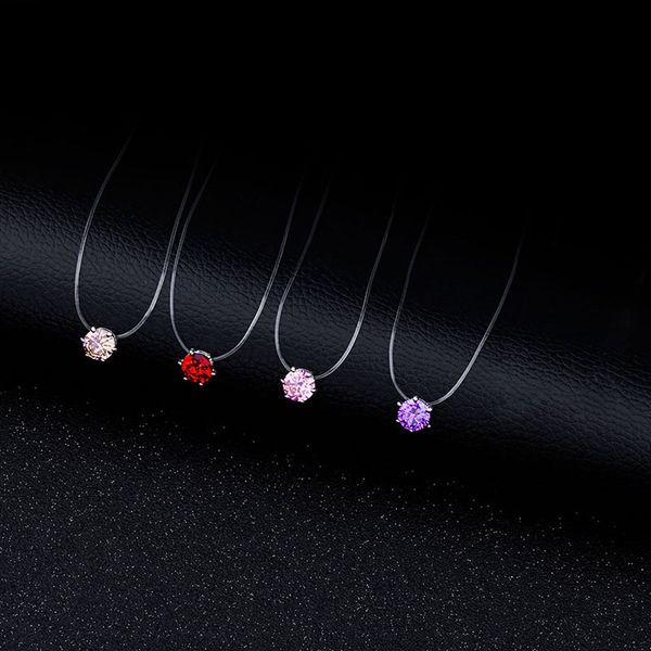 

cz stone crystal zircon necklace for women fashion square 6 claw invisible transparent fishing line chain necklace for women, Golden;silver